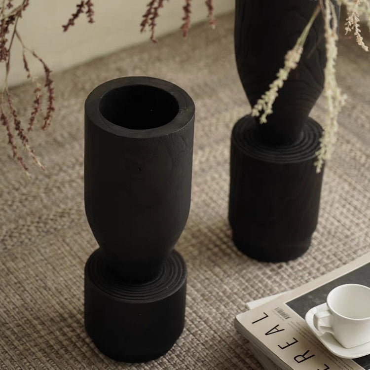 Rustic Wabi-Sabi Carbonized Wood Vase by WoodyKitchenware featuring textured, darkened wood with an artistic, natural finish.
