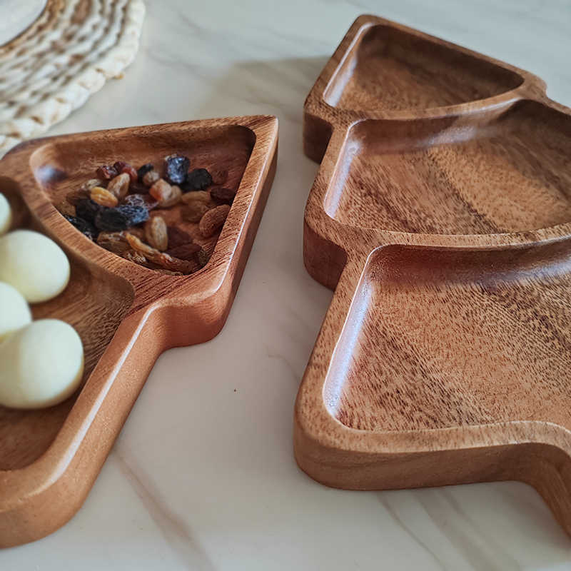 Christmas Tree Shaped Walnut Tray - Compartments for Dried Fruit & Snacks