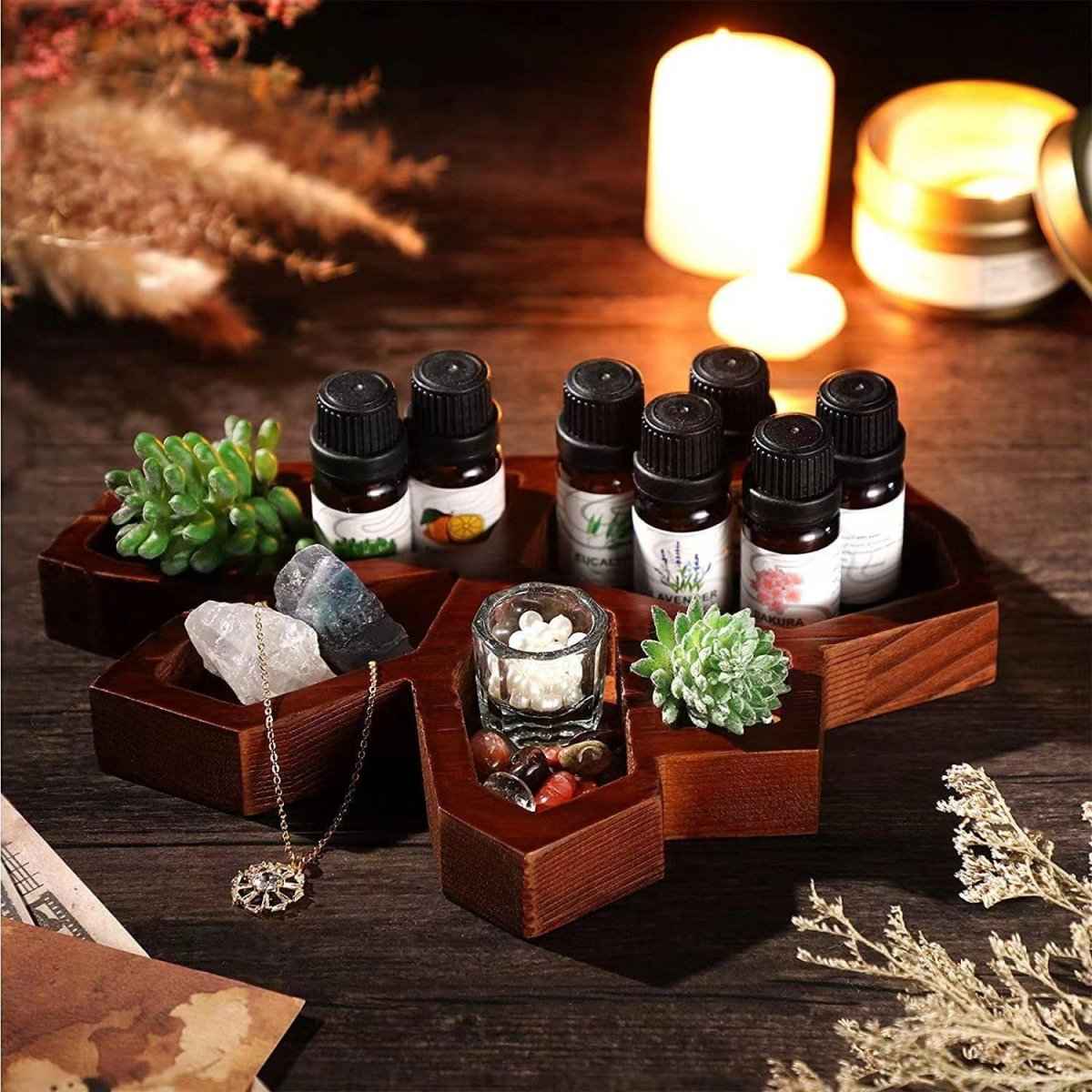 Gothic Crystal Tray – Wooden Aromatherapy & Essential Oil Display Plate