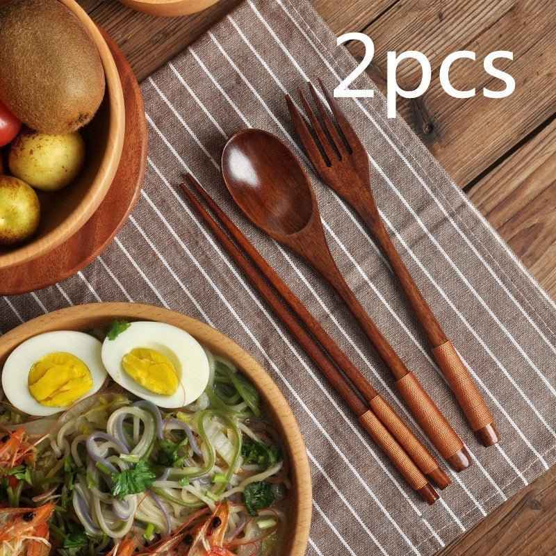 Long Handle Couple Spoon & Chopsticks Set – Portable Wooden Tableware for Travel & Dining