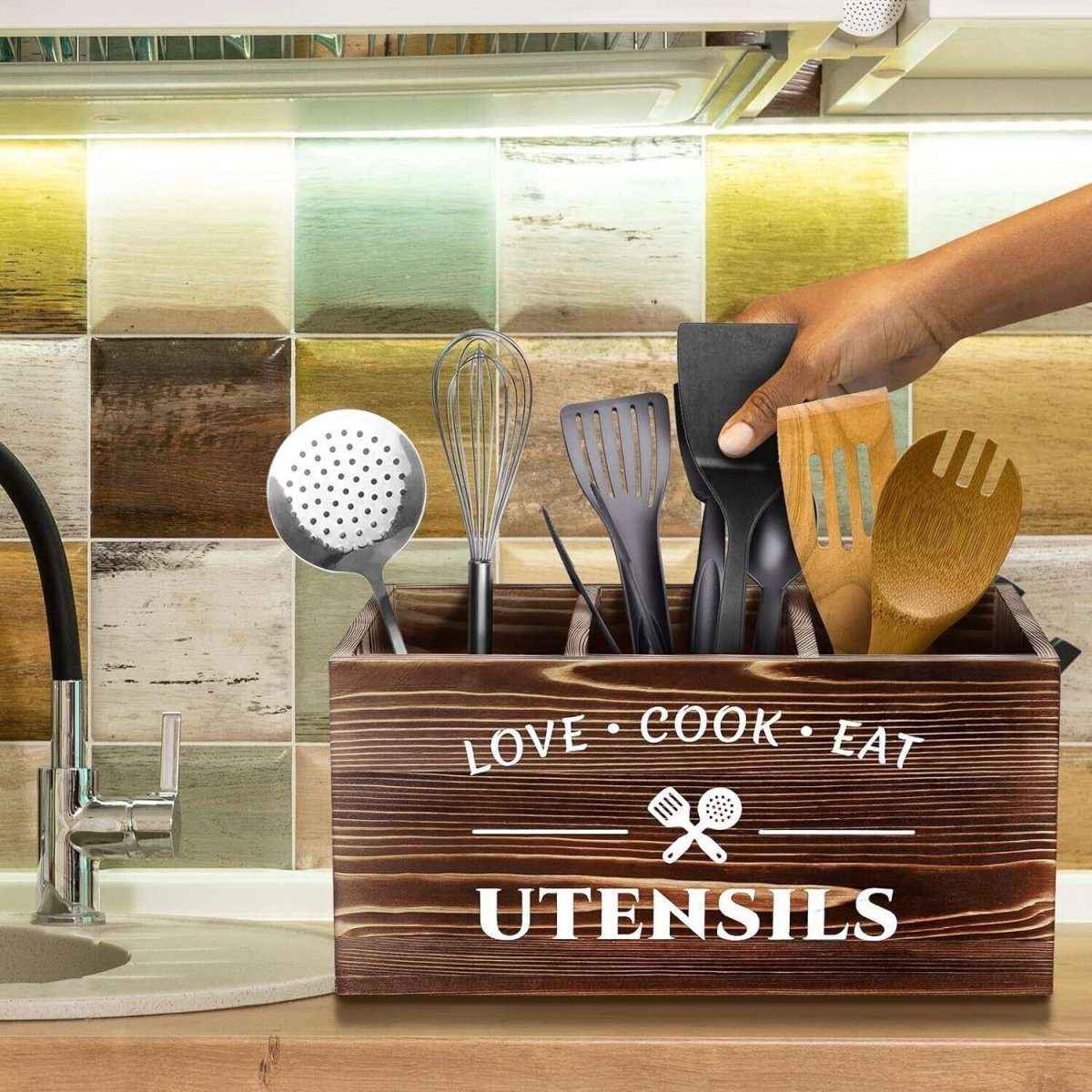 🪵 Rustic Wooden 3-Grid Wall-Mounted Flatware Organizer