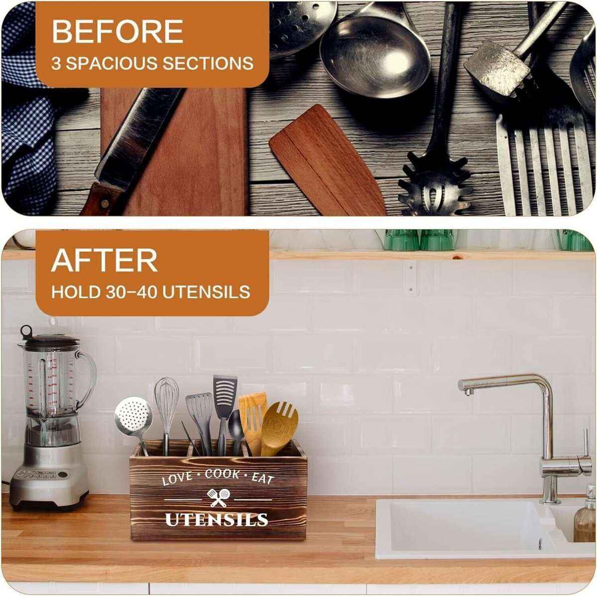 🪵 Rustic Wooden 3-Grid Wall-Mounted Flatware Organizer