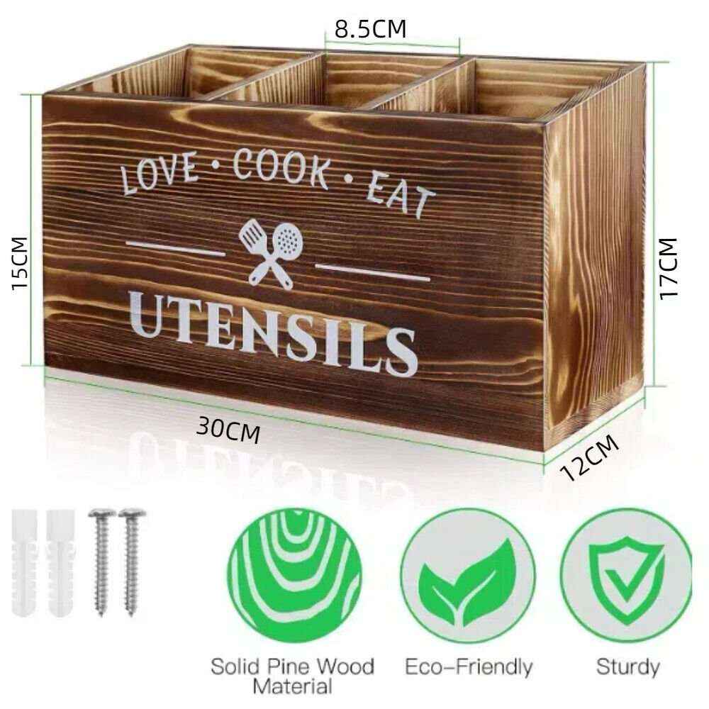 🪵 Rustic Wooden 3-Grid Wall-Mounted Flatware Organizer