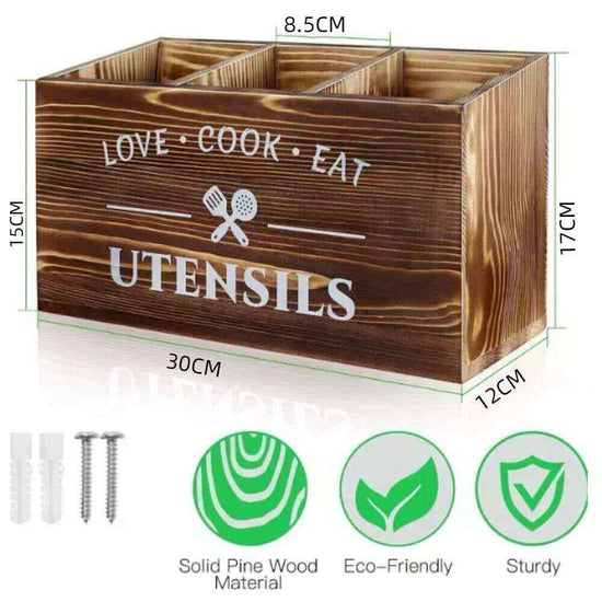 🪵 Rustic Wooden 3-Grid Wall-Mounted Flatware Organizer
