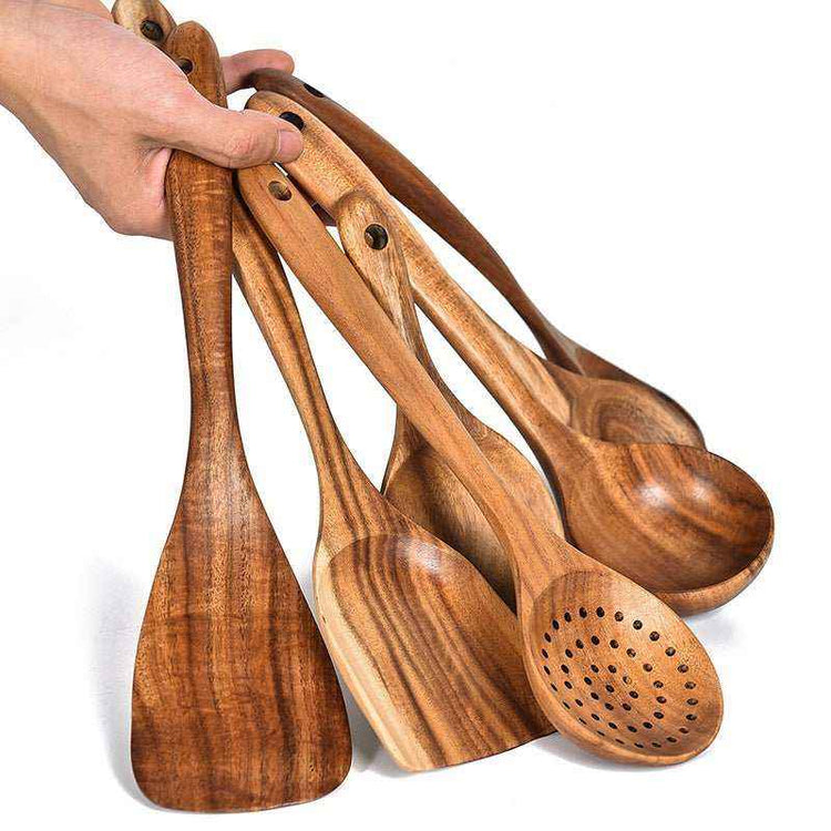 Teak Natural Wood Tableware Spoon Ladle Turner Rice Colander Soup Skimmer Cooking Tool Set