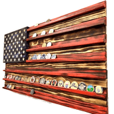 Wooden wall art with American flag design featuring coins on a white background