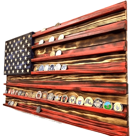 Wooden wall art with American flag design featuring coins on a white background