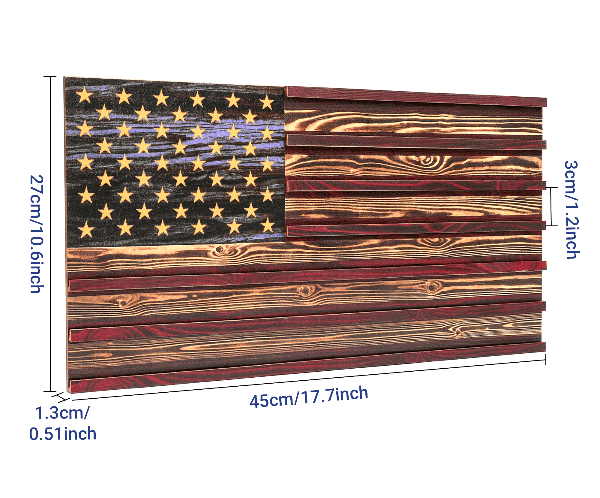 Wooden American flag with dimensions on a white background