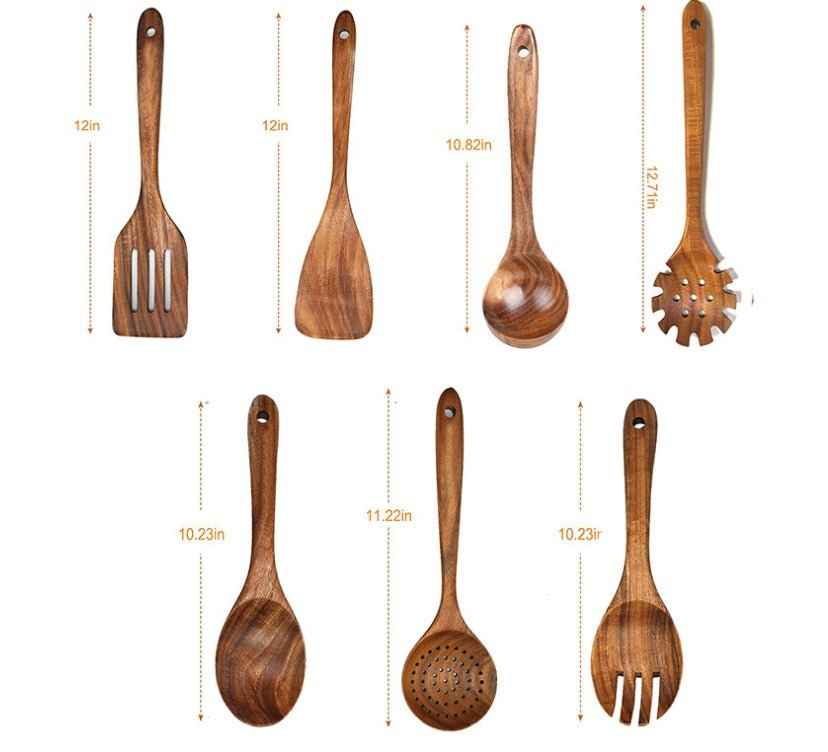 Wooden Kitchenware Suit – Teak Long Handle Spoon, Wooden Colander & Non-Stick Spatula