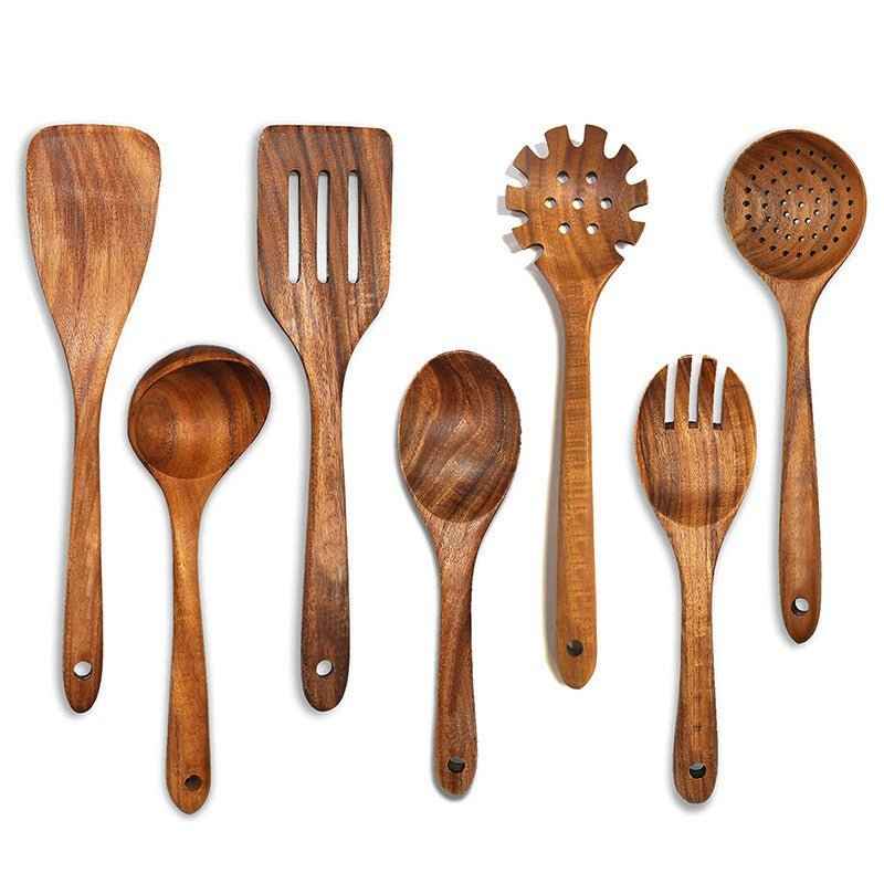 Wooden Kitchenware Suit – Teak Long Handle Spoon, Wooden Colander & Non-Stick Spatula
