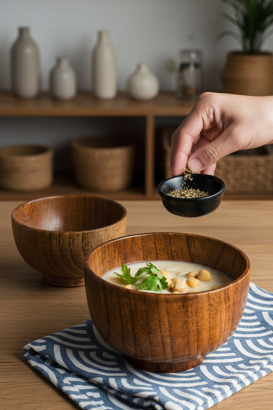 Wooden Japanese-style rice and soup bowl by WoodyKitchenware, showcasing warm, eco-chic, versatile wooden bowl design.