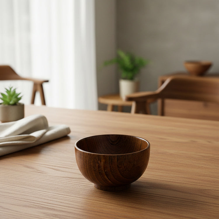Wooden Japanese-style rice and soup bowl by WoodyKitchenware, showcasing warm, eco-chic design and versatile use in natural wood finish.