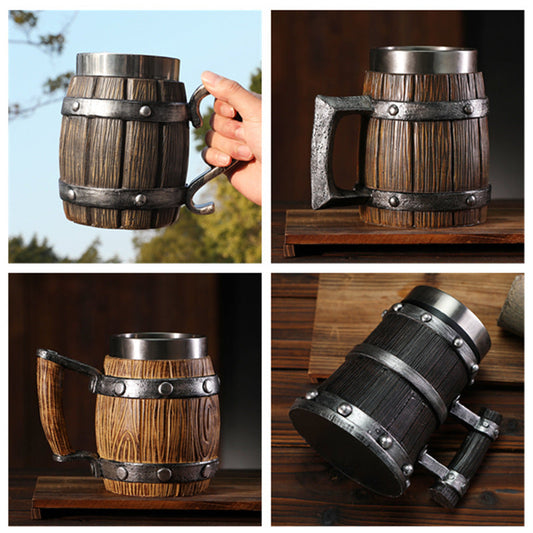 Wooden barrel mug by WoodyKitchenware featuring a solid wood brewery-style tankard with a handle, 550-600ml capacity.