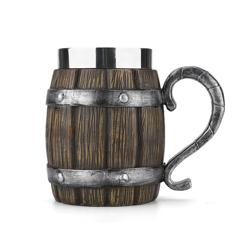 Wooden barrel mug by WoodyKitchenware featuring a solid wood design, ideal for beer or beverages, with a rustic brewery style.