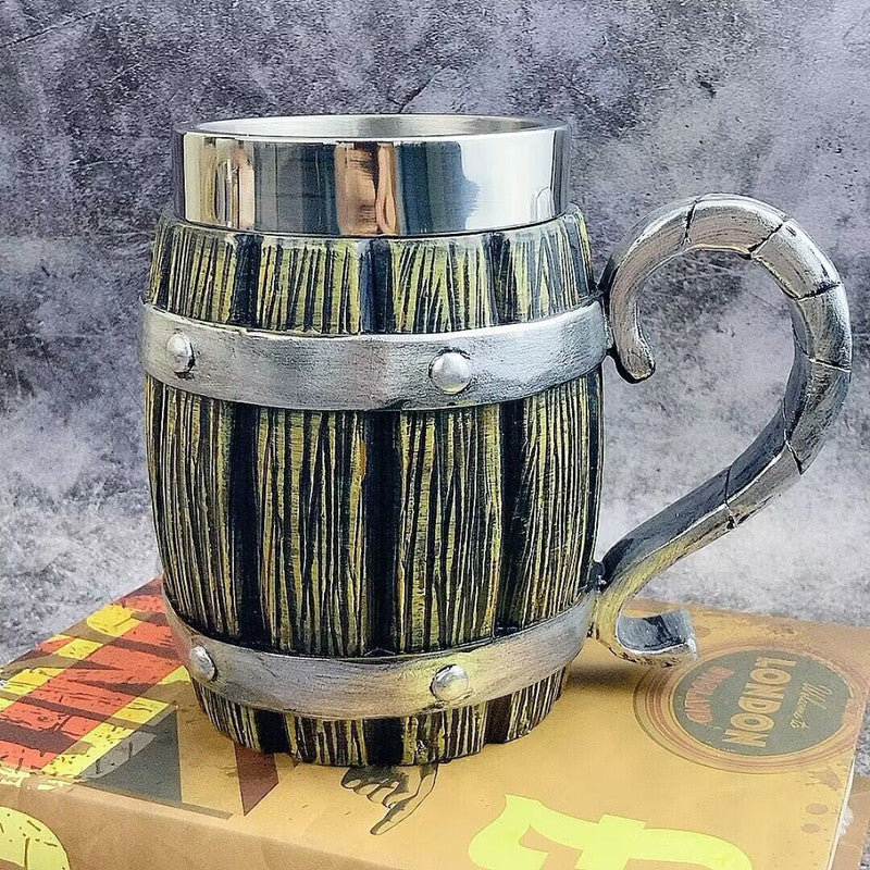Wooden Barrel Mug by WoodyKitchenware, brewery-style solid wood beer tankard with a rustic finish, 550-600ml capacity.