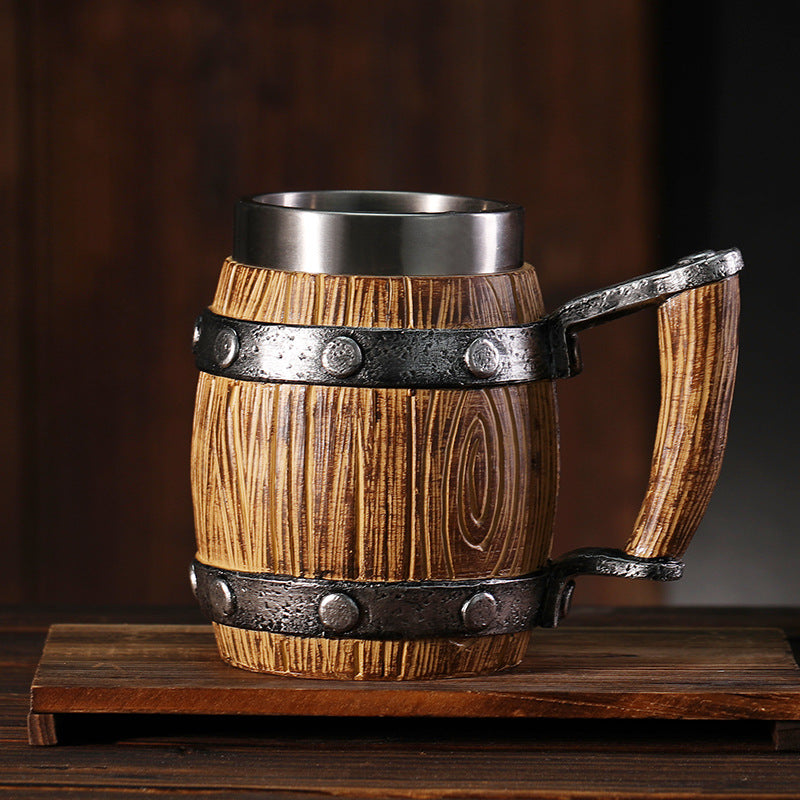 Wooden barrel mug by WoodyKitchenware, brewery pylon design, solid wood beer tankard, 550-600ml capacity, handcrafted drinkware.