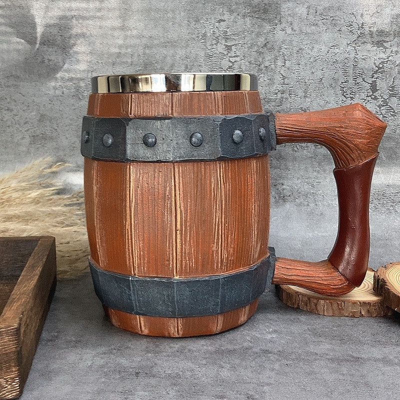 Wooden Barrel Mug by WoodyKitchenware, 550ml beer tankard with rustic wood finish, handcrafted brewery-inspired drinkware.