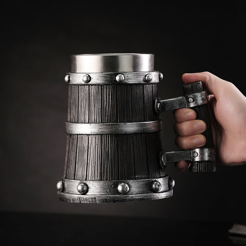 Wooden Barrel Mug by WoodyKitchenware featuring a solid wood beer tankard with a rustic barrel design, 550-600ml capacity.