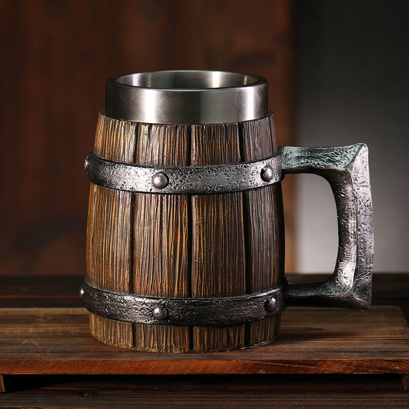 Wooden Barrel Mug by WoodyKitchenware with brewery Pylon design, 550-600ml solid wood beer tankard for craft beer drinking.