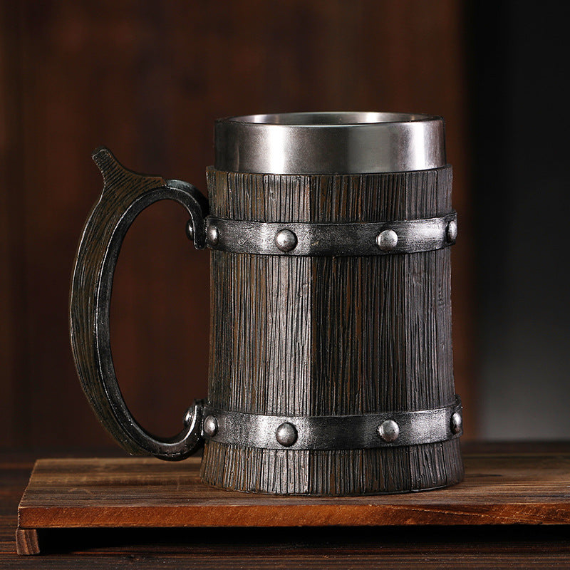Wooden Barrel Mug by WoodyKitchenware, brewery-style solid wood beer tankard with detailed barrel design for authentic craft drinking.
