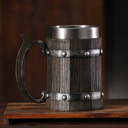 Wooden Barrel Mug by WoodyKitchenware, brewery-style solid wood beer tankard with detailed barrel design for authentic craft drinking.