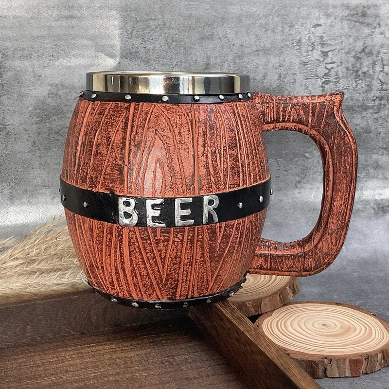 Wooden Barrel Mug by WoodyKitchenware, 550ml beer tankard with rustic wood finish, handcrafted wooden brewery-style drink mug.