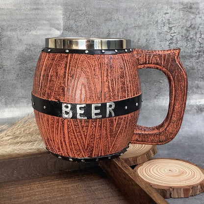 Wooden Barrel Mug by WoodyKitchenware, 550ml beer tankard with rustic wood finish, handcrafted wooden brewery-style drink mug.