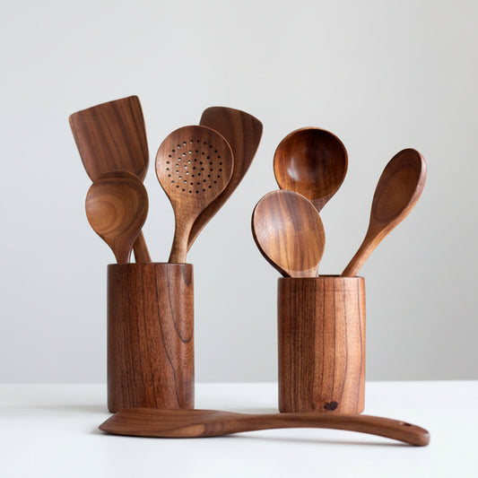Set of 10 wooden cooking spatulas from WoodyKitchenware Fortress collection, crafted by WoodyKitchenware for versatile kitchen use.