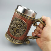 Wooden World Tree Beer Mug by WoodyKitchenware, 600ml solid wood vessel with intricate tree design for craft beer or beverages.