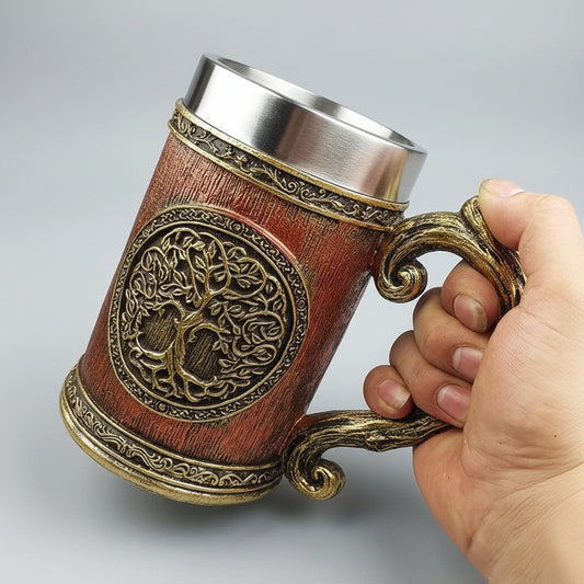 Wooden World Tree Beer Mug by WoodyKitchenware, 600ml solid wood vessel with intricate tree design for craft beer or beverages.