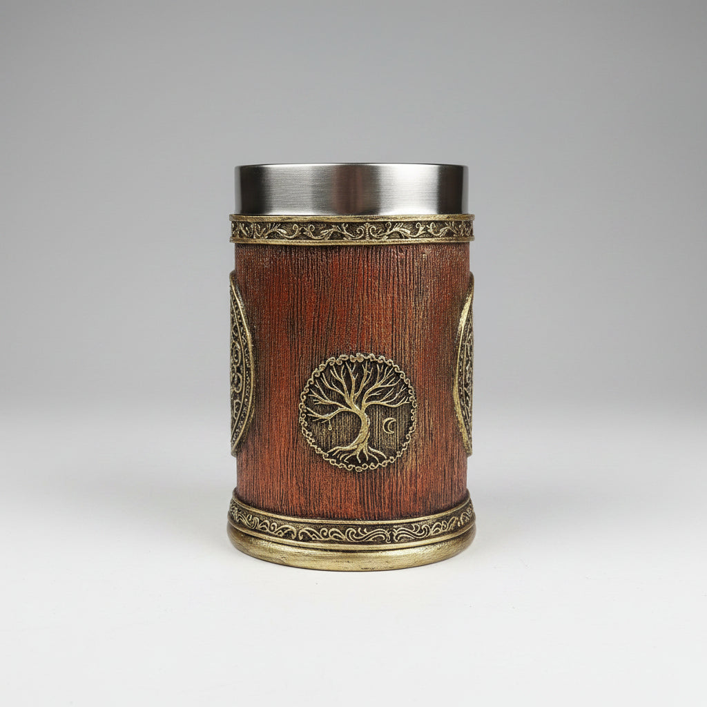 Solid wood World Tree Beer Mug by WoodyKitchenware, 600ml vessel with engraved tree design, handcrafted wooden drink tankard.