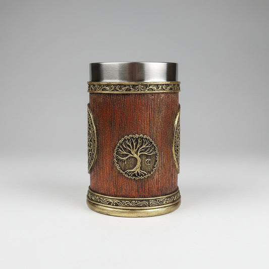 Solid wood World Tree Beer Mug by WoodyKitchenware, 600ml vessel with engraved tree design, handcrafted wooden drink tankard.