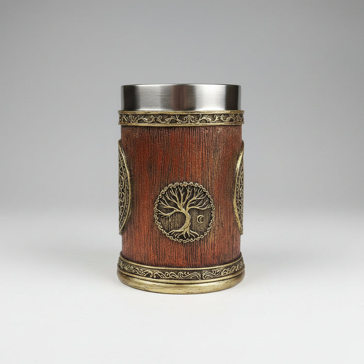 Solid wood World Tree Beer Mug by WoodyKitchenware, 600ml vessel with engraved tree design, handcrafted wooden drink tankard.