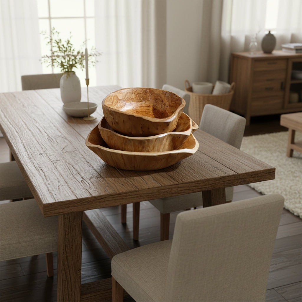 Handcrafted solid wood fruit and salad bowl with a unique cedar root design by WoodyKitchenware, showcasing natural wood grain and craftsmanship.