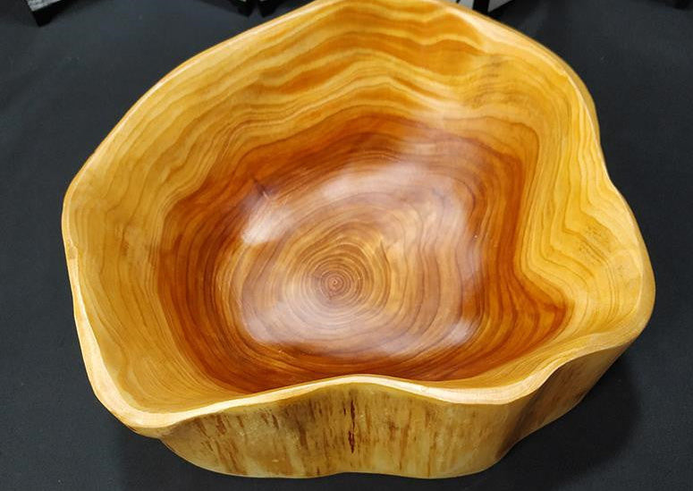 Handcrafted wooden fruit and salad bowl by WoodyKitchenware, featuring a unique cedar root design, natural wood grain.