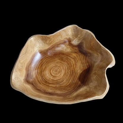 Handcrafted solid wood fruit and salad bowl with a unique cedar root design by WoodyKitchenware, showcasing natural wood grain and craftsmanship.