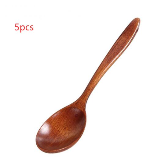 Set of five wooden cooking spoons from WoodyKitchenware, sustainable and stylish kitchen essentials for cooking and stirring.