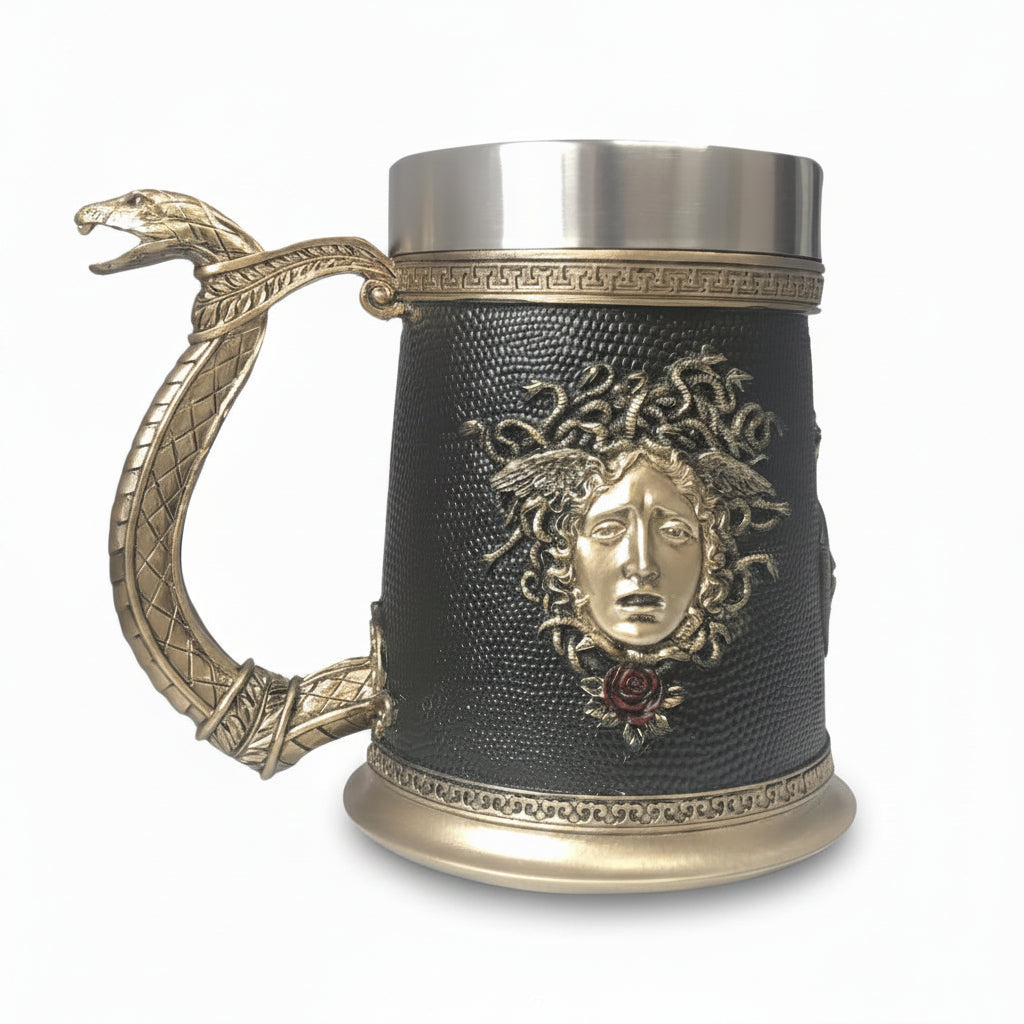 Medusa beer mug by WoodyKitchenware featuring a Gorgon's gaze design, made of resin and stainless steel with detailed craftsmanship.
