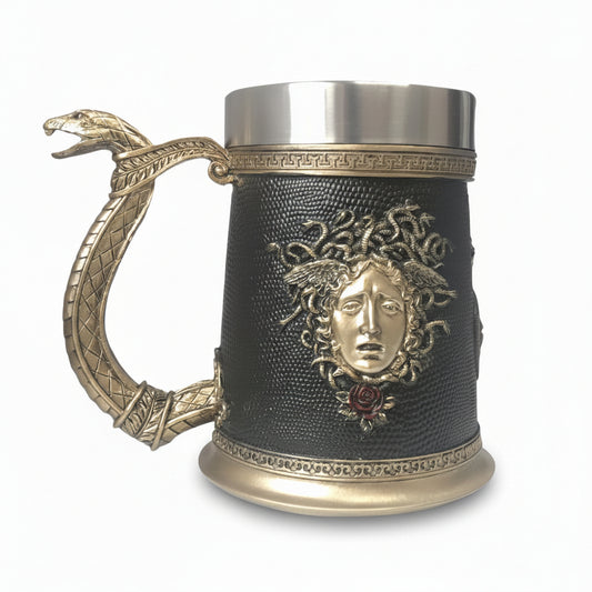 Medusa beer mug by WoodyKitchenware featuring a Gorgon's gaze design, made of resin and stainless steel with detailed craftsmanship.