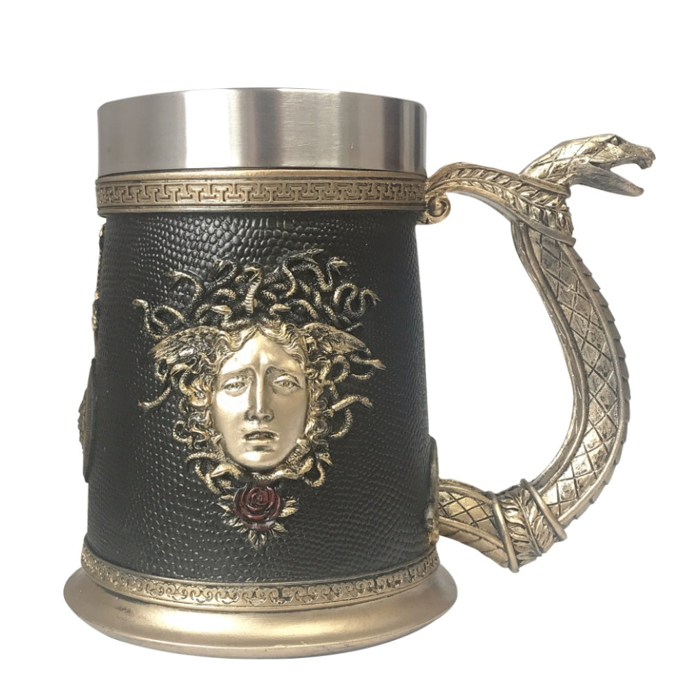 Medusa Beer Mug by WoodyKitchenware featuring a solid wood Gorgon's Gaze design, perfect for drinking and display.