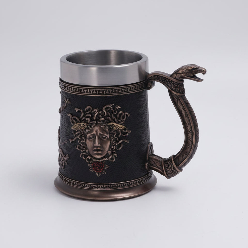 Medusa beer mug by WoodyKitchenware featuring a Gorgon's gaze design, crafted from solid wood, ideal for unique drinkware.