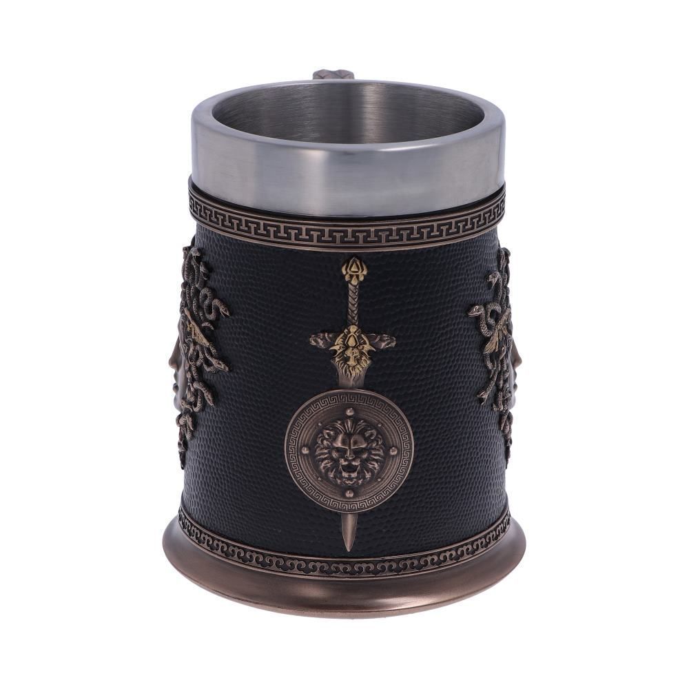 Medusa Beer Mug by WoodyKitchenware featuring a Gorgon's Gaze design, made of solid wood, perfect for unique drinkware.