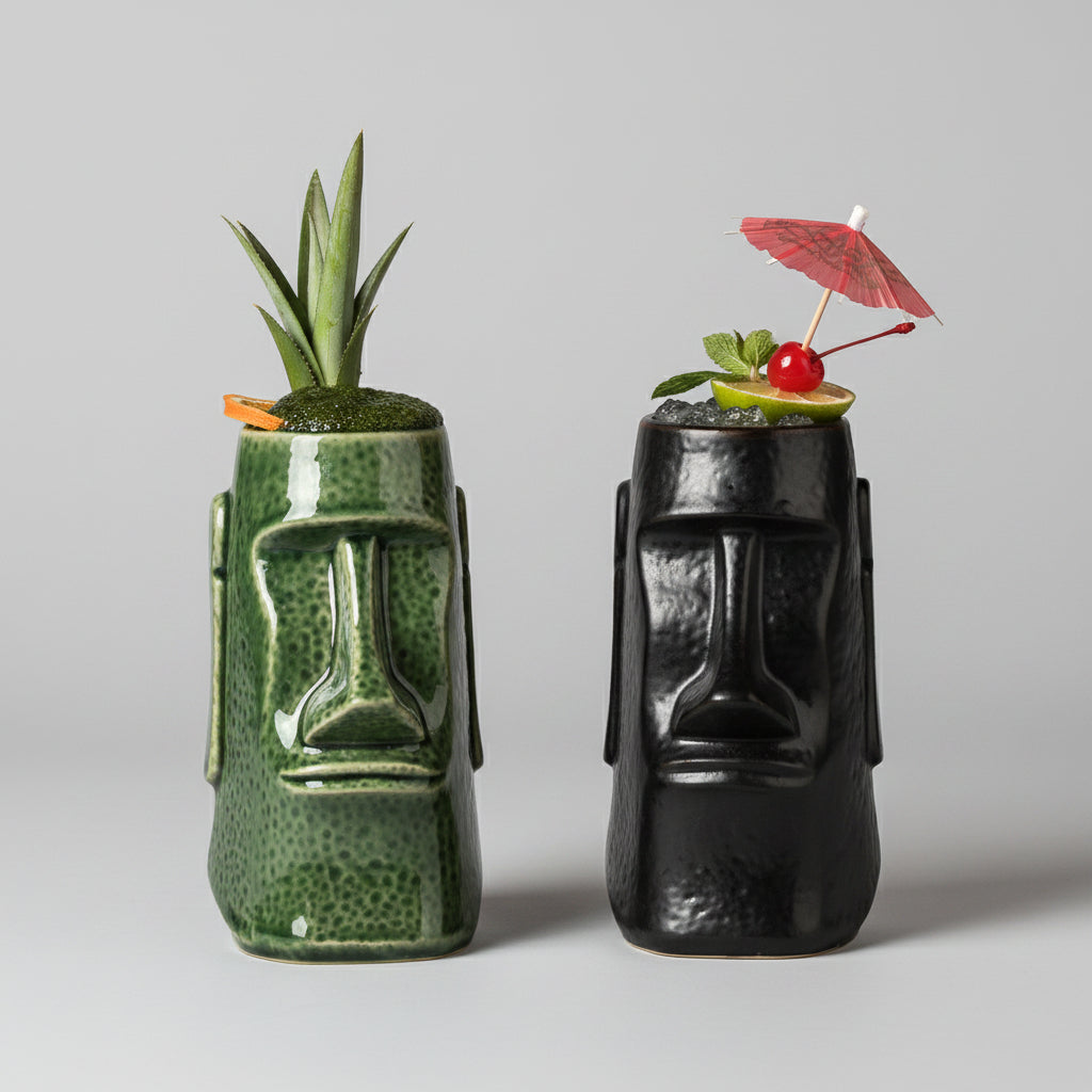 Handcrafted ceramic Tiki mug featuring the Moai Sentinel design by WoodyKitchenware, perfect for tropical drinks and themed parties.