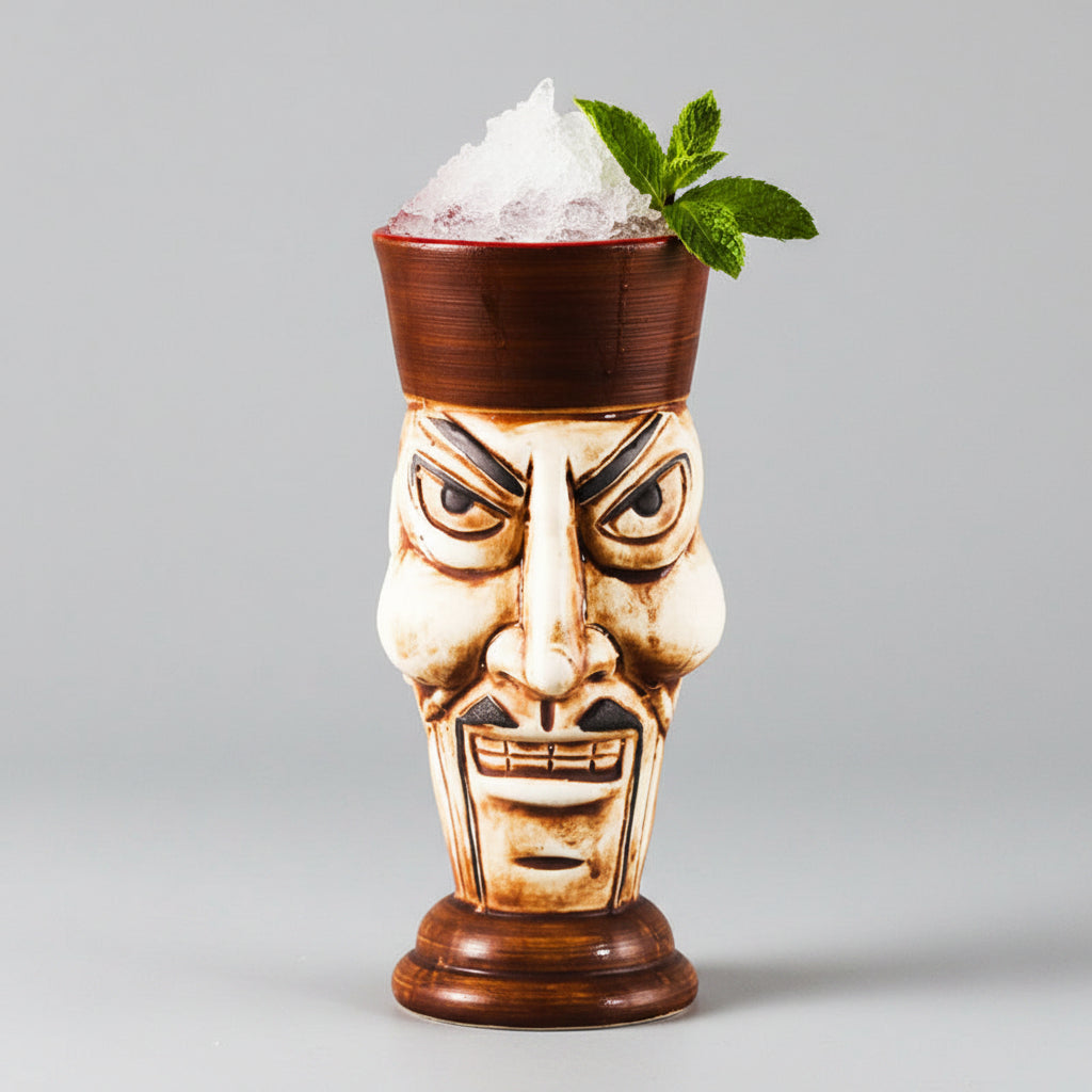 Handcrafted ceramic Tiki mug featuring a Moai Sentinel design by WoodyKitchenware, perfect for tropical drinks.