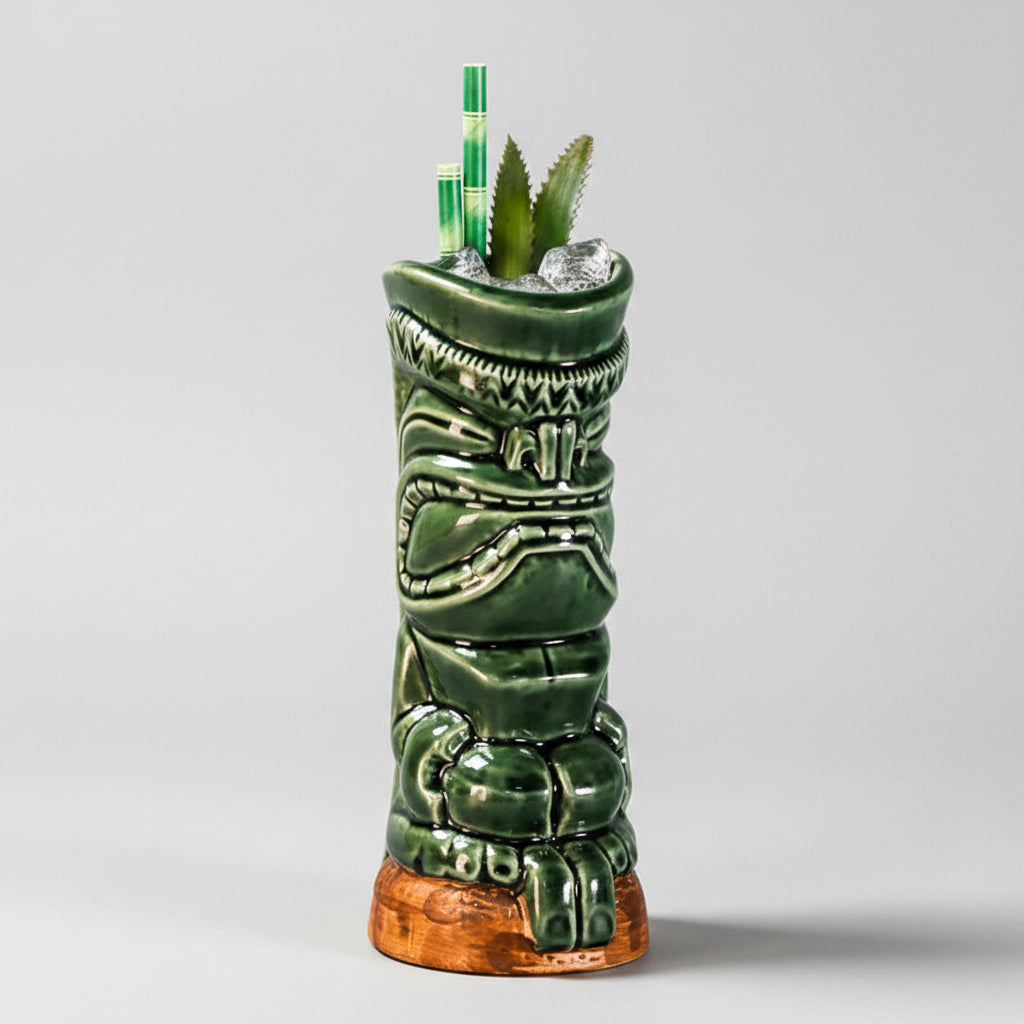 Ceramic Tiki Mug featuring the Moai Sentinel design by WoodyKitchenware, handcrafted ceramic drink cup with detailed Tiki face.