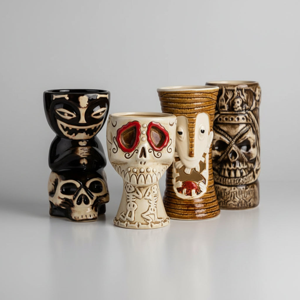 Ceramic Tiki Mug featuring the Moai Sentinel design by WoodyKitchenware, handcrafted ceramic drink cup with detailed tiki motif.