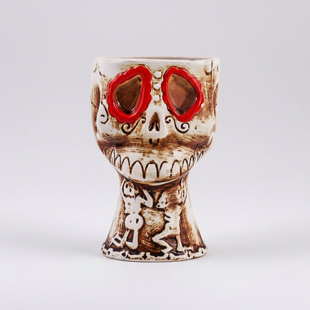 Ceramic Tiki Mug featuring a Moai Sentinel design by WoodyKitchenware, handcrafted ceramic drink cup with detailed tiki face.