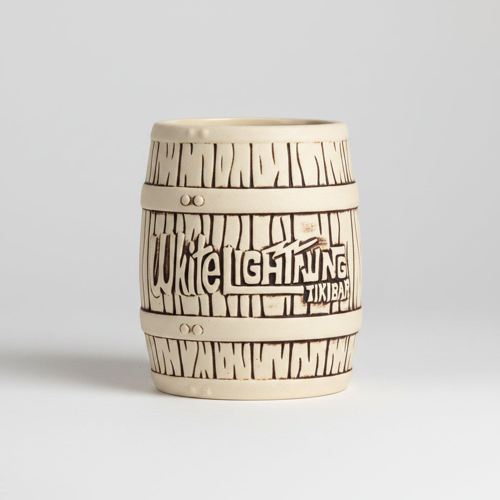 Ceramic Tiki Mug featuring a Moai Sentinel design by WoodyKitchenware, handcrafted ceramic drink cup with detailed Polynesian-inspired artwork.