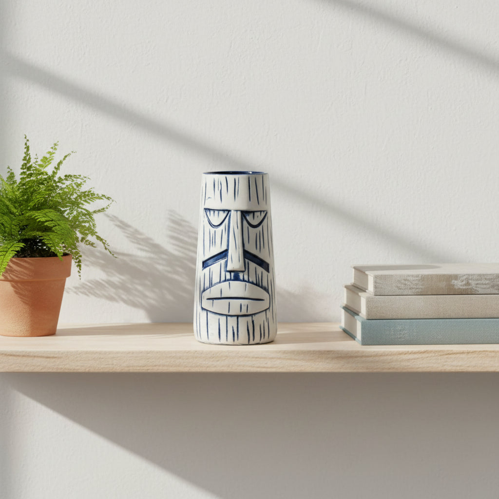 Handcrafted ceramic Tiki mug featuring Moai Sentinel design by WoodyKitchenware, perfect for tropical drinks and themed decor.