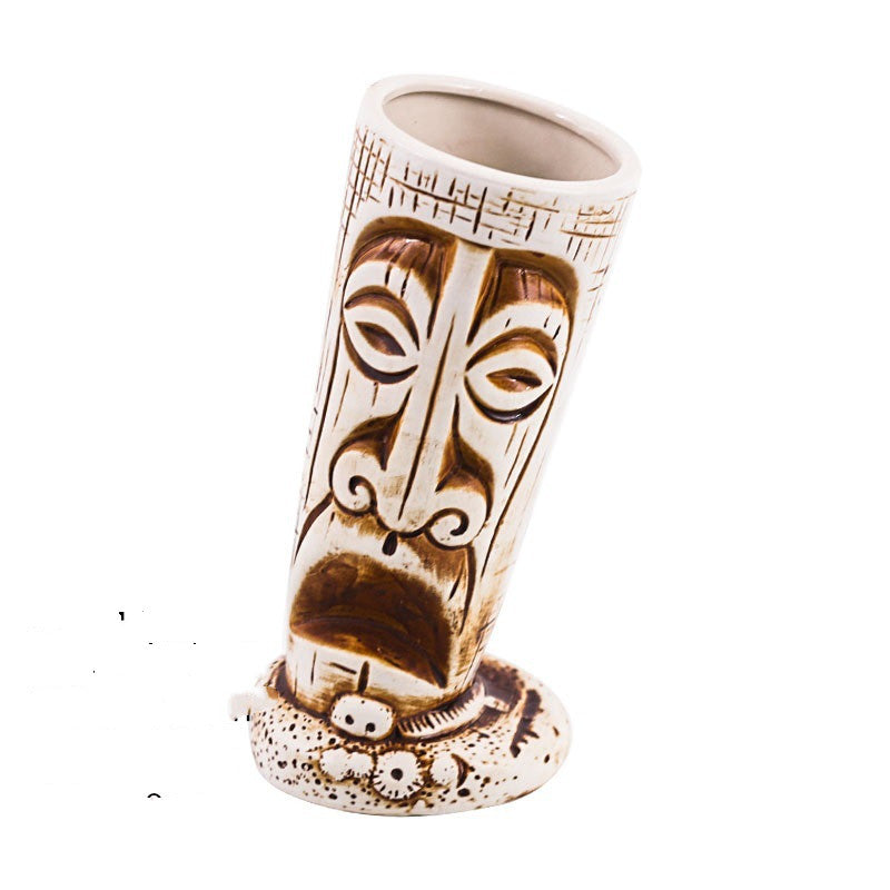 Handcrafted ceramic Tiki mug featuring Moai Sentinel design by WoodyKitchenware for tropical drinks and unique ceramic drinkware.